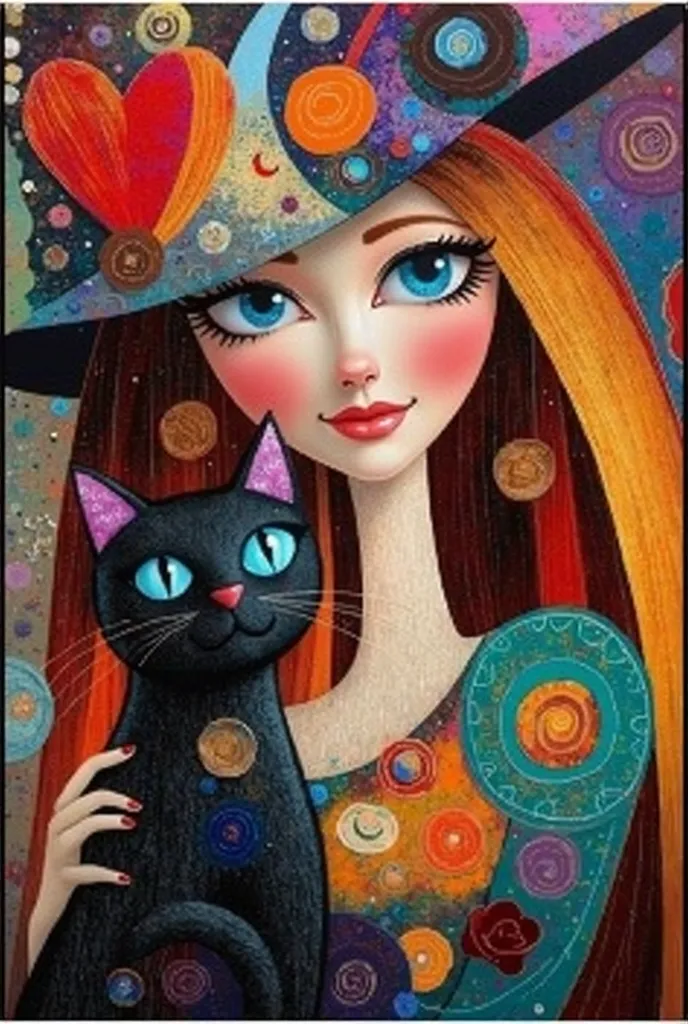 cat and hat picture of a beautiful woman, whimsical art, by Elina Karimova, woman and cat, Margaret Keane style, by Ksenia Milicevic, by Olga Rozanova, inspired by Jeremiah Ketner, by Silvia Dimitrova, by Jeremiah Ketner, by Dechko Uzunov, inspired by Marg...