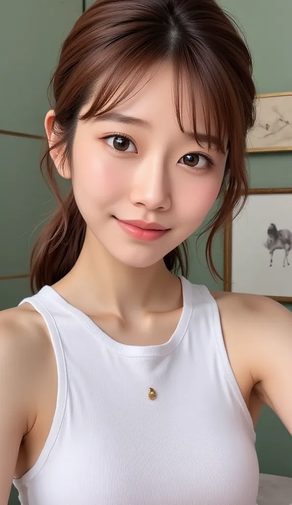 ((8k、 sharp、masterpiece、top quality、 Realistic 、perfect faces、Xiaoyan、 very beautiful face、is so cute、white skinで可愛い、white skin、on all fours))、 Age 19、ponytail、tank top that is too big compared to the body，There&#39;s a gap in my chest, can see the bra thr...