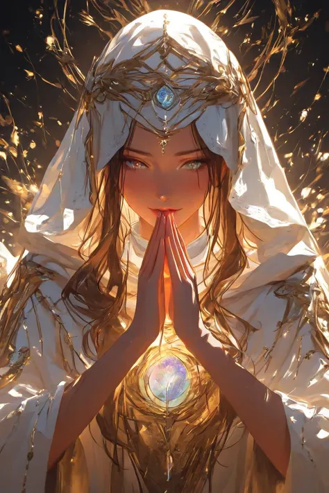 Create a close-up image of a saint, capturing her serene and expressive face. She must have her hands together chin tip, in a gesture of prayer or contemplation. The background should be soft and ethereal, with soft lighting that highlights your angelic fe...