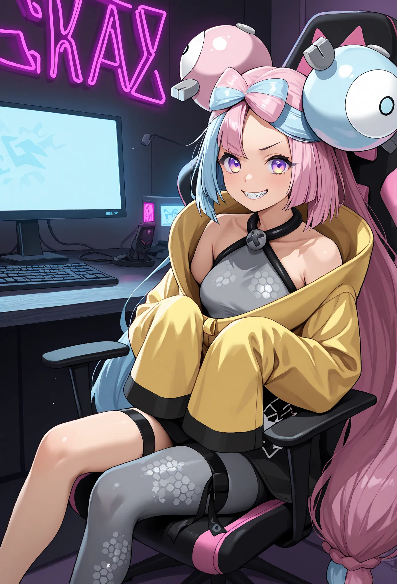 masterpiece, best quality, newest, realistic, feet out of frame, solo, 1girl, i0n0def, sharp teeth, grin, looking at viewer, sitting, gaming chair, two-tone hair, split-color hair, pink hair, blue hair, bow-shaped hair, twintails, character hair ornament, ...