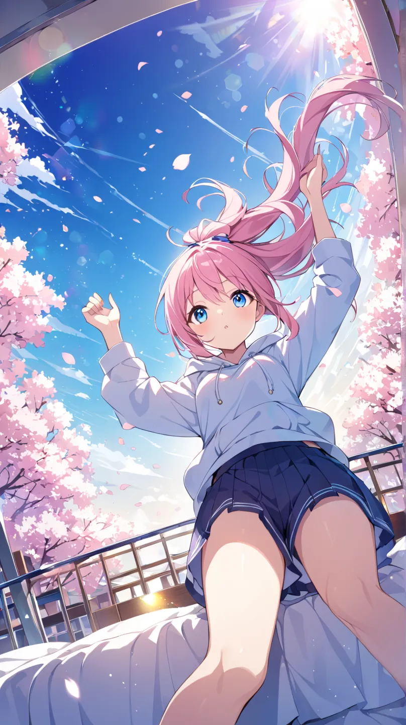 my room、terrace、blue sky、cherry blossoms、cherry blossoms吹雪、solo, 1 girl, blue eyes, pink hair、ponytail、hoodie、Culottes、in bed looking up at the sky、composition looking up from below、How hair flutters in the wind、dutch angle, lens flare, glitter effect, blu...