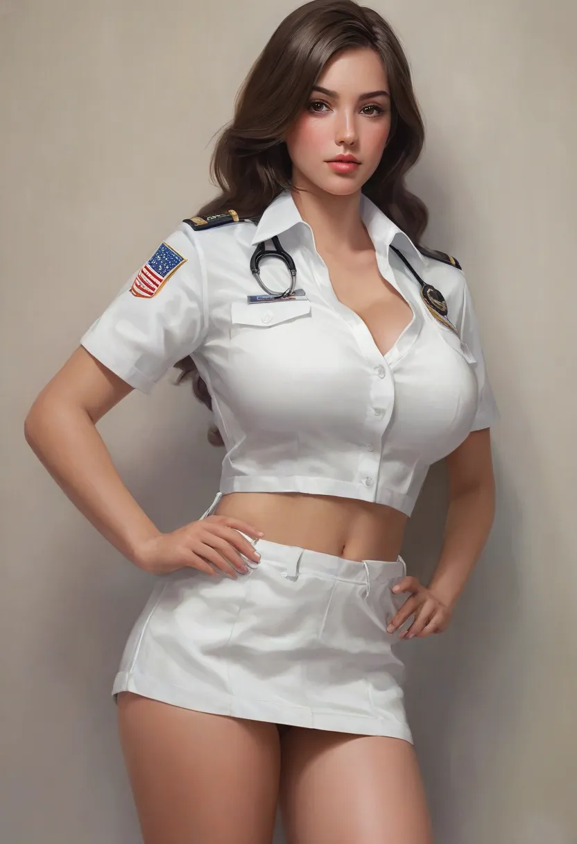 mujer de 25 años con unIforme de enfermera sexy, very big breasts, wide hips (estIlo realIsta) proporcIon corporal completa cabello castaño (pIes separados) (8k highly detailed) escote abIerto mInI falda pechos muy grandes caderas muy anchos rubIcunda y tí...