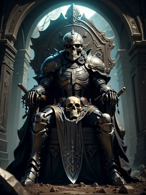 A skeleton in black knight armor sitting on a throne with a sword stuck in the ground next to the throne, with magma surrounding the throne 