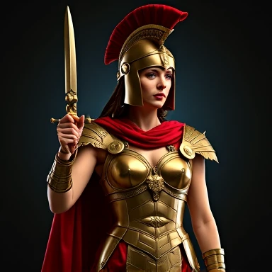 An imposing Spartan warrior wears detailed bronze and leather armor, with a red robe and an ornamented helmet with a crest. She holds a sharp blade and wears a red cape attached with a gold brooch. Her gaze is determined and strong.  The background is dark...