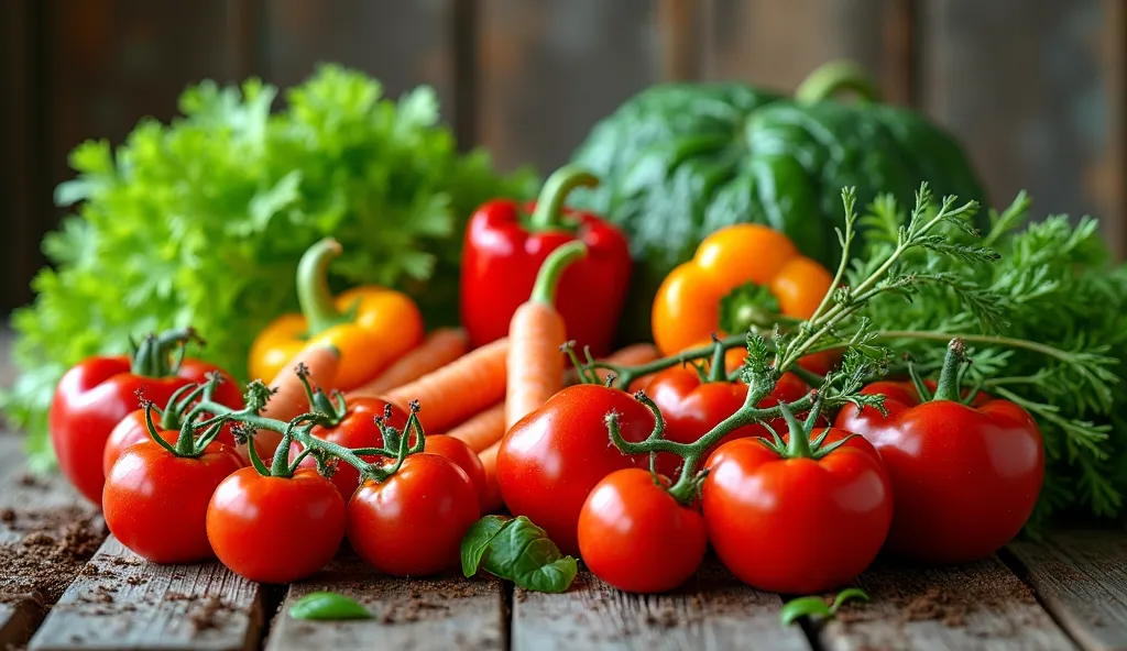 A vibrant assortment of fresh, bright vegetables displayed on a rustic wooden table, showcasing healthy, organic food ingredients for cooking or dieting