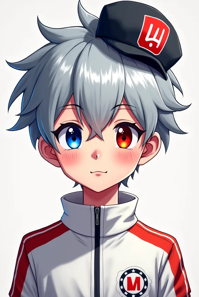 Anime image of age boy wearing white tracksuit right eye blue color left eye red color and ash hair wearing kopiah