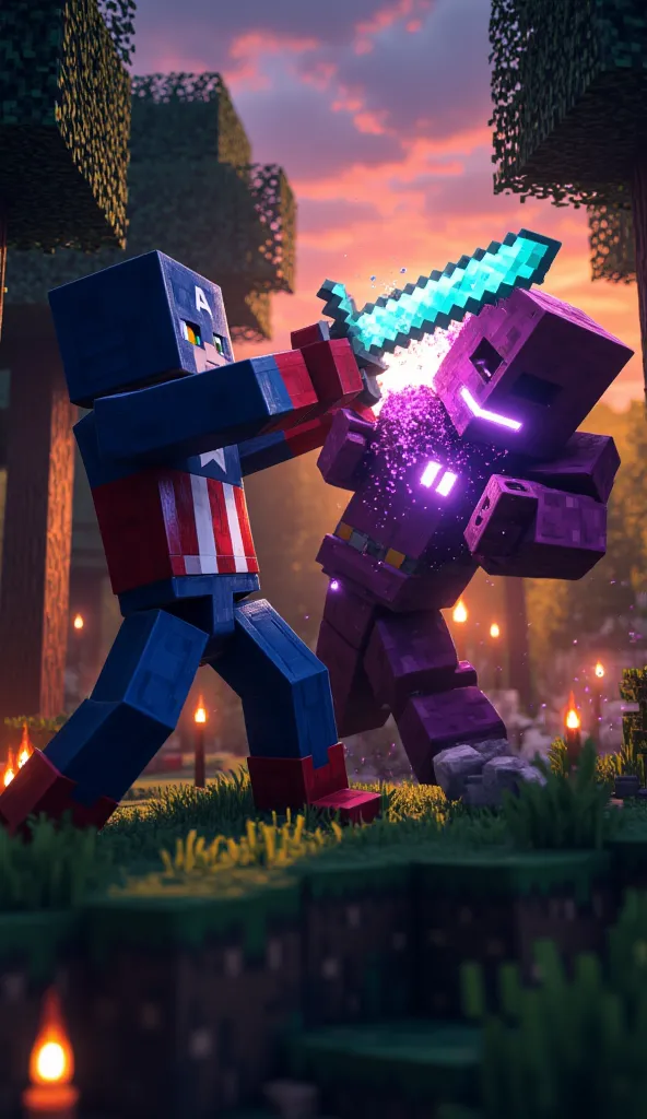 "A dynamic Minecraft-style depiction of Captain America in battle, slicing through an Enderman’s body with a glowing diamond sword. His pixelated red, white, and blue suit stands out against the dark forest background, illuminated by the soft glow of the s...