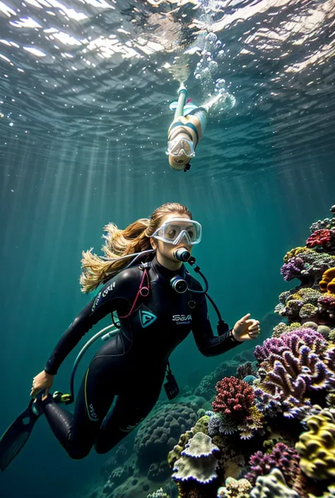 Image of a female scuba diver, blonde, long hair, sculptural figure, dressed in a colorful wetsuit with geometric design, red oxygen bottle, swimming in the depths. Next to her there is a huge white shark that observes her with curiosity, without an aggres...