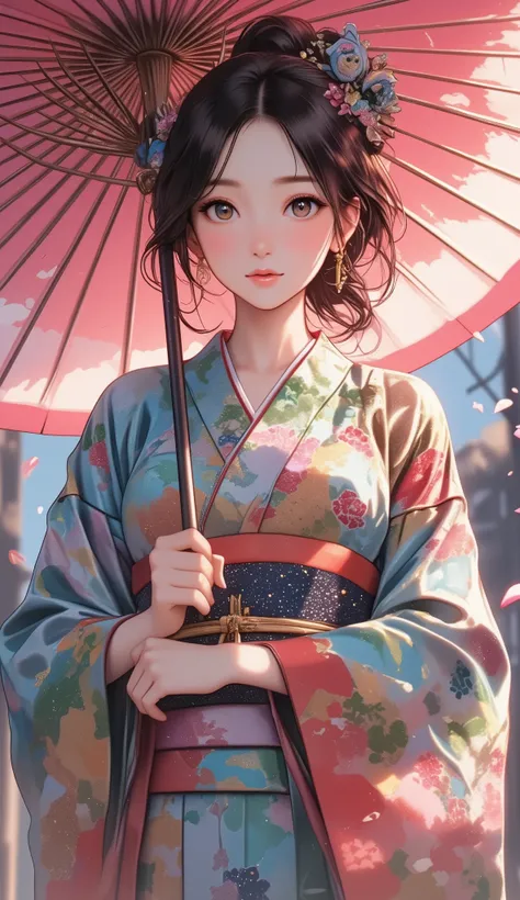 Woman holding a Japanese umbrella , Nishijin Textile Kimono , Japanese painting style, beautiful anime style portrait, Extra , detailed portraits of anime girls , Beautiful Anime Portrait , beautiful anime women , digital Animation illustration, Anim...