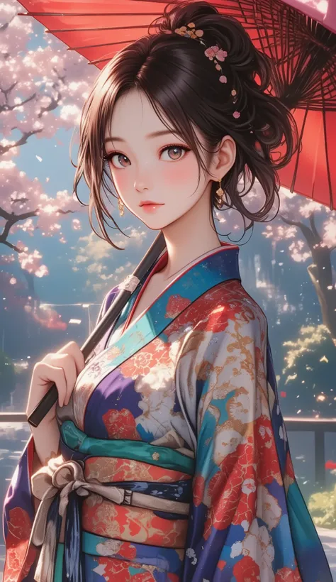 Woman holding a Japanese umbrella , Nishijin Textile Kimono , Japanese painting style, beautiful anime style portrait, Extra , detailed portraits of anime girls , Beautiful Anime Portrait , beautiful anime women , digital Animation illustration, Anim...