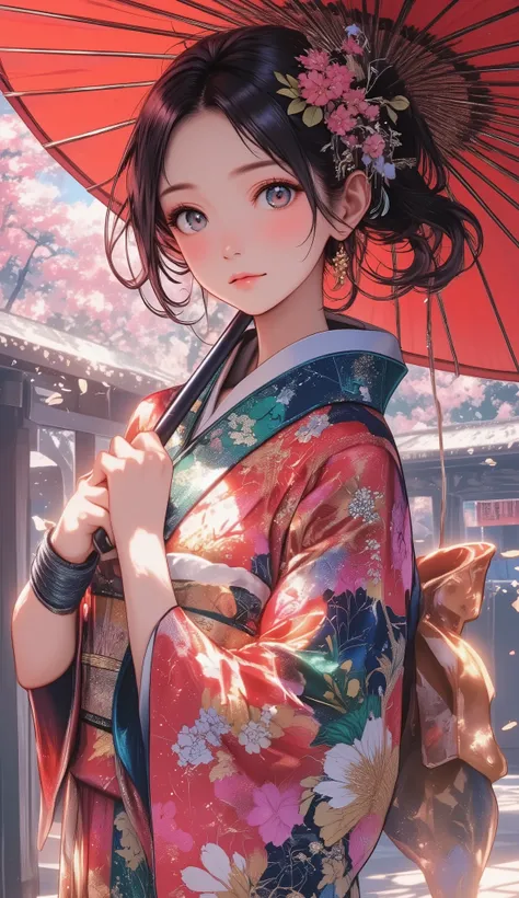 Woman holding a Japanese umbrella , Nishijin Textile Kimono , Japanese painting style, beautiful anime style portrait, Extra , detailed portraits of anime girls , Beautiful Anime Portrait , beautiful anime women , digital Animation illustration, Anim...