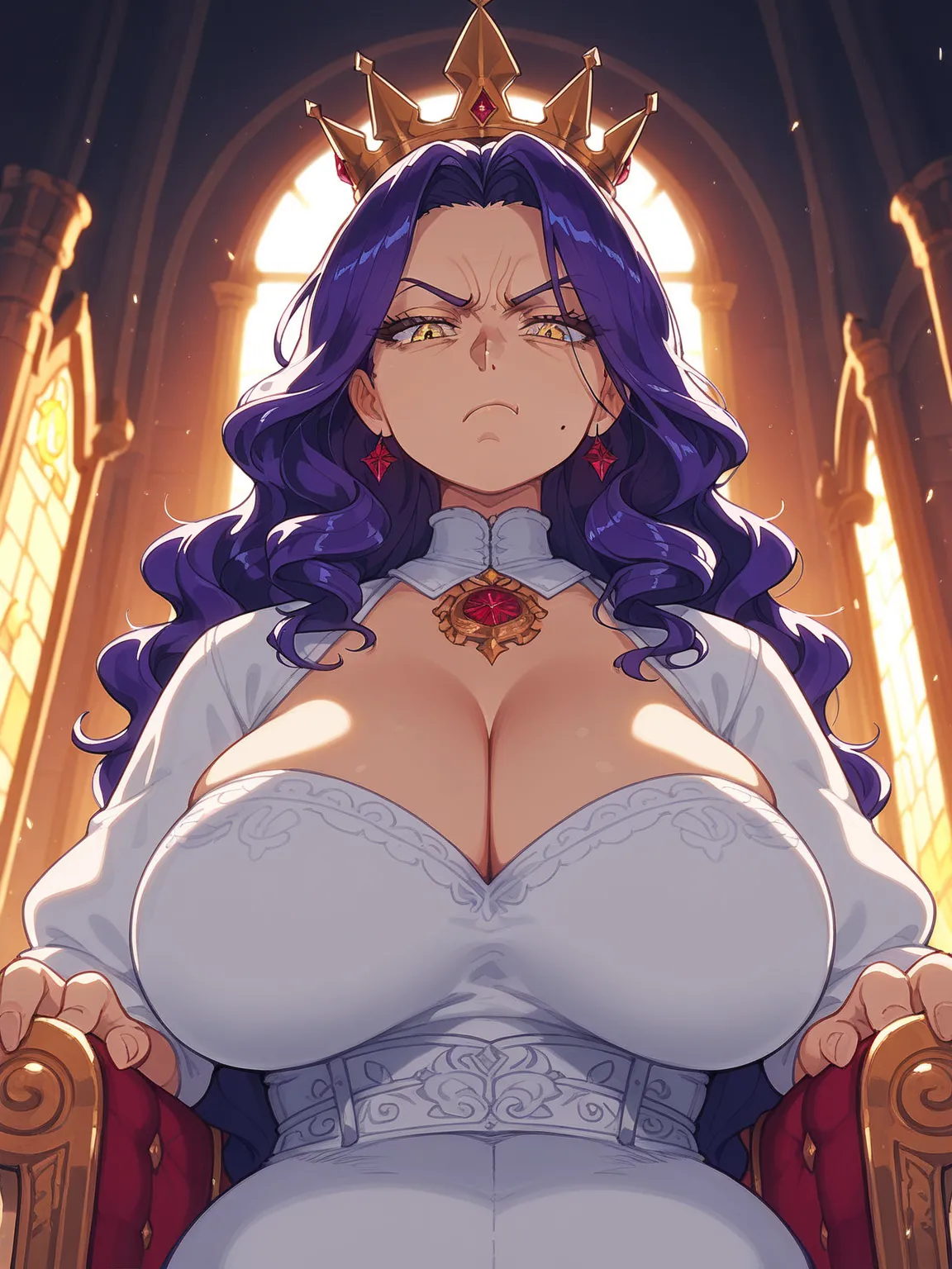 ((1girl)), solo, ((upper body view, dynamic view, angled view, bottom view)), purple hair, long hair, wavy hair, parted bangs, half-closed eyes, yellow eyes, long eyelashes, intimidating look, annoyed face, ((looking down at viewer)), white halter dress, w...