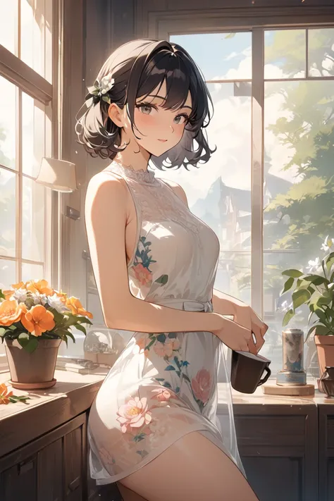 masterpiece, best quality,masterpiece, best quality, Official Art,  Ultra High Definition CG Unity 8K Wallpaper,Slightly retro tint, lithograph print style , illustration of a woman with a penis ,cute, 1 girl ,flower, window,flower pot, drinks coffee ,.  s...