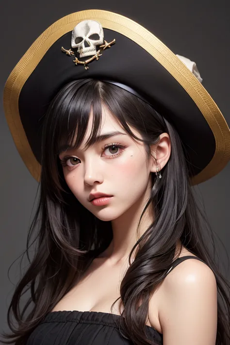 Young Latina girl with very Long wavy black hair, wearing pirate hat with skull logo, thin lips, green eyes 