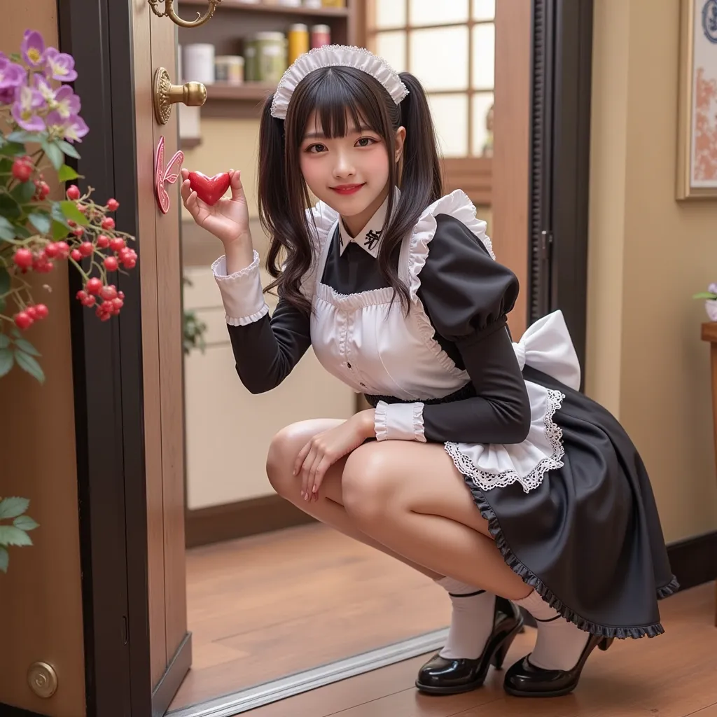 A maid cafe employee scribbles a heart mark with chalk on a welcome sign on a blackboard, a cute girl with black hair and twin tails in a super miniskirt maid uniform, squatting at the entrance of a maid cafe, detailed facial expression, bright smile, soph...