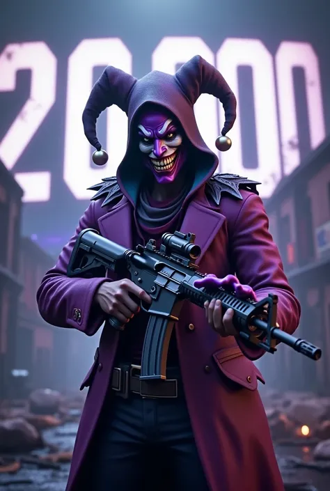 Make a video cover with the number 20,000 based on my photo, purple jester from Pubg mobile with M416 in his hands with a devil's smile