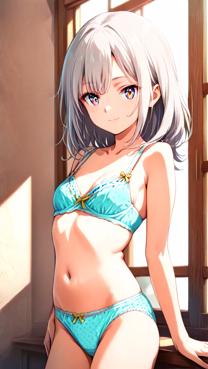 (Masterpiece with natural light),(High quality quality),(beautiful face with every detail),( Beautiful eyes made down to the smallest detail:1.5),(gentle smile),(long silver hair),( has bangs),(anime style),(Polka dot bra),(polka dot panties with holes),( ...