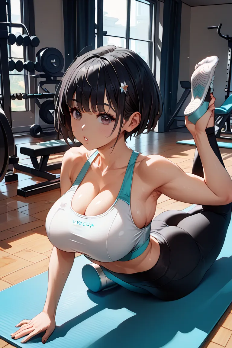 ((((((((((Active young girl with dark hair and short hair)))))))))), (((((big breasts))))), ((((( yoga wear)))))