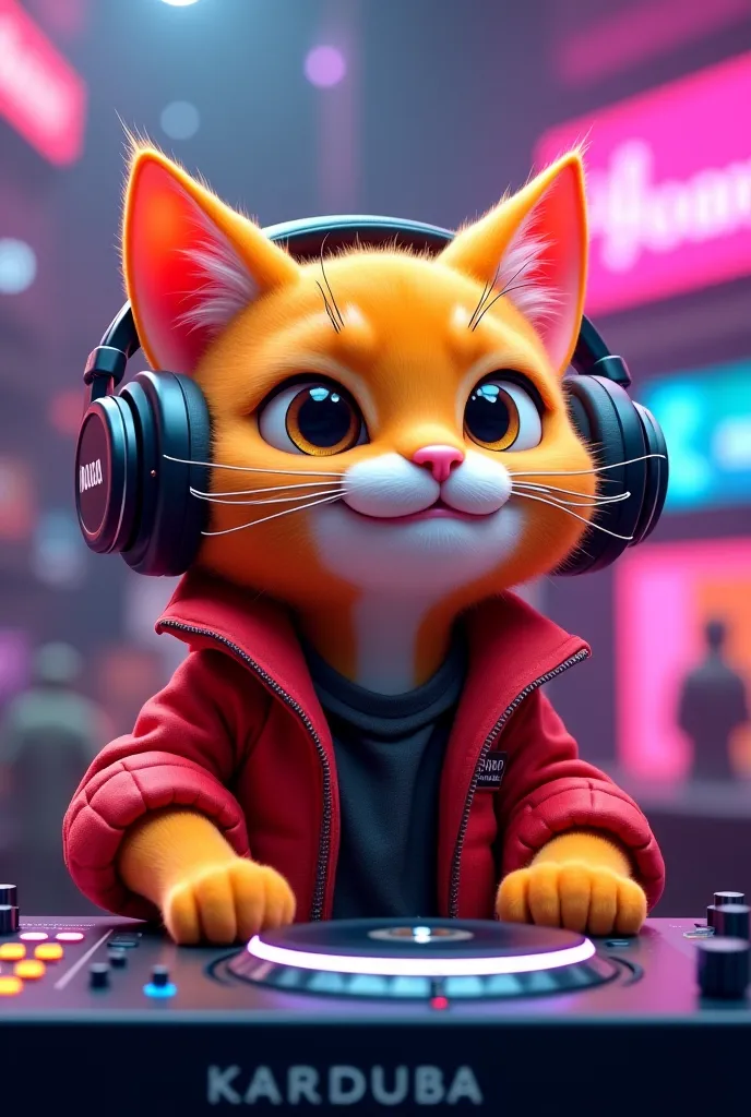 Make an orange DJ cat with a red jacket that wears karduba and that looks like this person