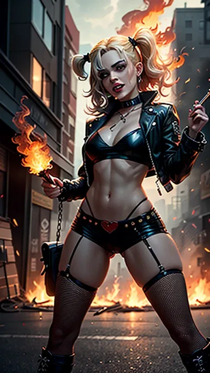 **Enhanced and Detailed Prompt:**

A 17-year-old Harley Quinn, reimagined with a bold and fiery twist, stands at the center of a chaotic and dynamic scene. Her long, voluminous hair is a mix of vibrant red and blue, streaked with hints of fiery orange, as ...