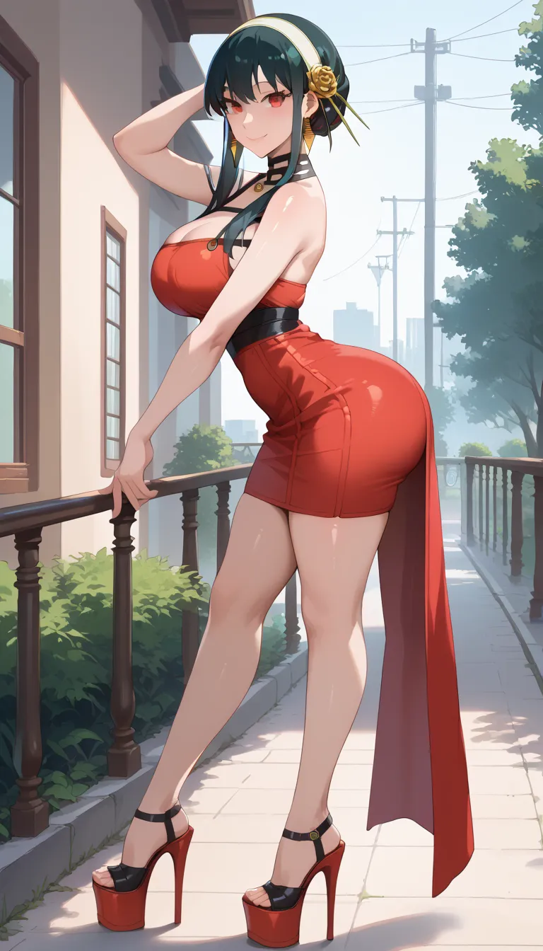 score_9, score_8_up, score_7_up, source_anime, ((masterpiece, high resolution, better quality, better details)), ((Smiling)), a woman, urban park landscape, sexy mini dress, ((big neckline)), ((platform high heels pumps)), ((big breasts, wide hips, big ass...