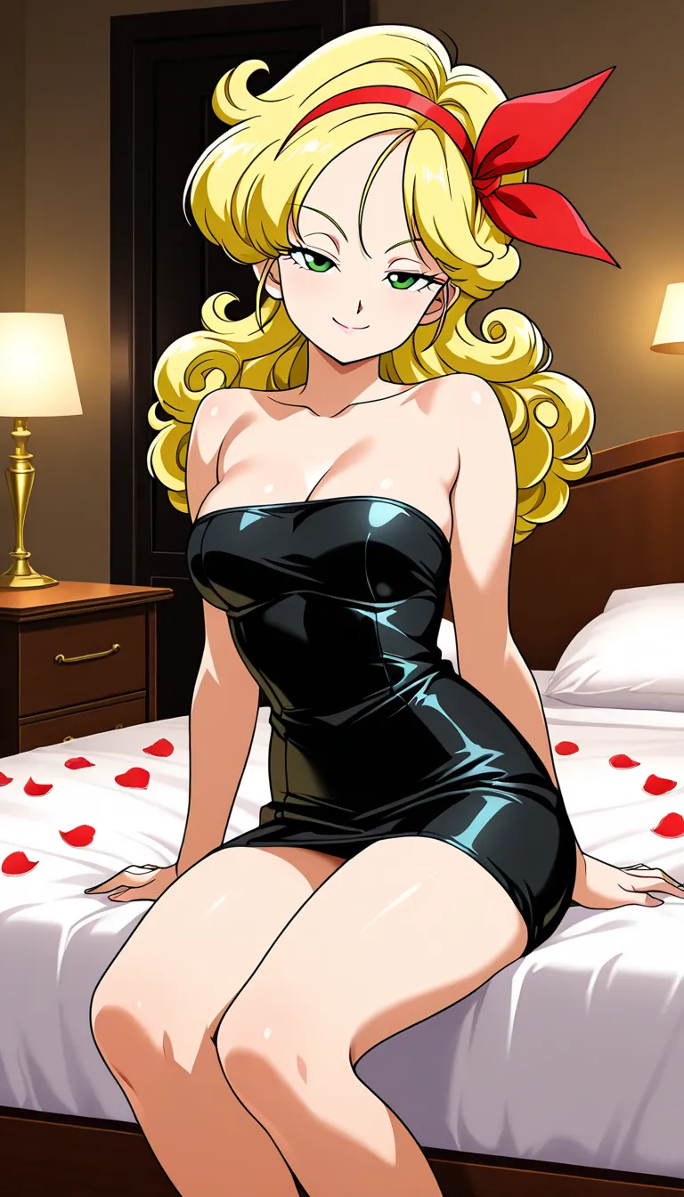 anime screencap, absurdres, high quality, official style, official style, 1girl, solo, launch bad, blonde hair, long hair, curly hair, green eyes, collarbone, bare shoulders, smile, half eyes closed, sexy eyes, red ribbon, red hairband, indoors, looking at...