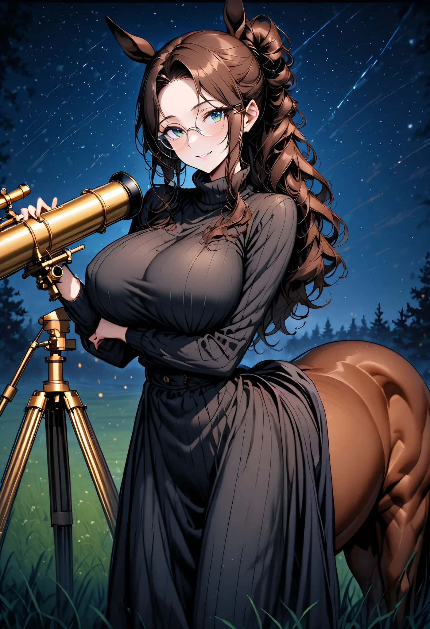 solo, female, centaur, close up, long wavy hair, brown hair, dark green eyes, centaur girl, very tall female, huge female, bulky body, brown horse ears, very large breasts, tied hair, modest clothes, night sky, wide smile, large brass telescope, telescope ...