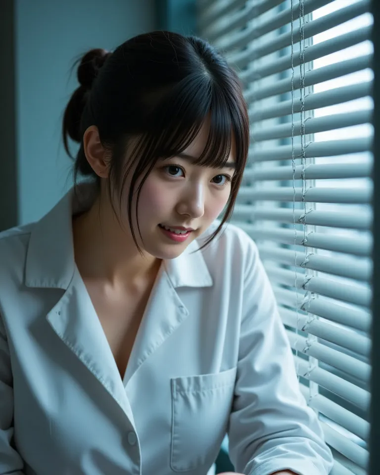 Clinical laboratory technician peeking through a curtain of blinds