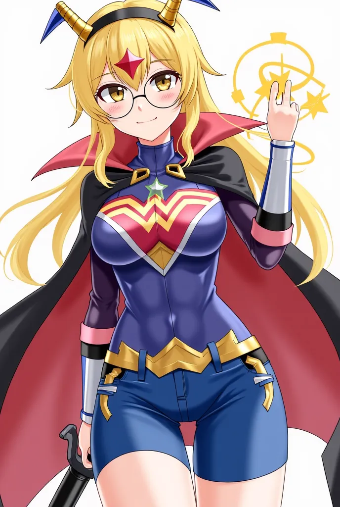 Female anime blonde hair biker shirt blue and black pink with a fang wonder woman shorts round glasses sword battlen beam black cape book Ready player two circle of patience curved horns yellow and white