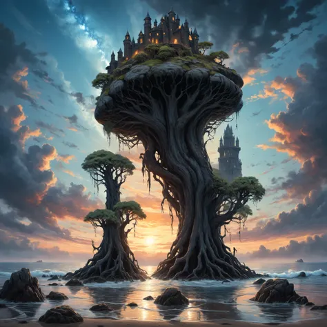 (A huge massive stone and wooden creature with many colossal thick long legs carries a round tower of magic on its back across the sea), (Tore off the ground on long, thick, several clearly defined 8 legs of trees that look like black stone roots), (A huge...