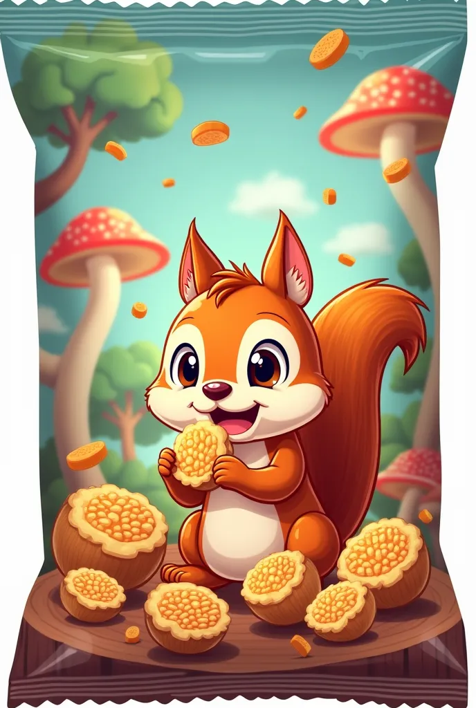 create a snacks packaging design about beanut, the design about squirrel eat beanut, fantasia, funny, vector style 