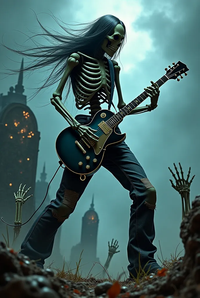 a skeleton playing an epic electric guitar solo with long hair and worn tall black denim pants and behind him a grave from which lights come out and skeletal hands wanting to grab him