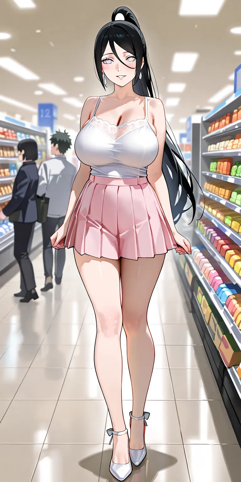 Masterpiece, newest, vibrant, very aesthetic, elegant mature woman, white eyes, hinata\(boruto\), high ponytail long hair, tall body, big breast, white camisole pink lace, pink pleated mini skirt, white strappy high heels, full body, parted lips, smile, sh...