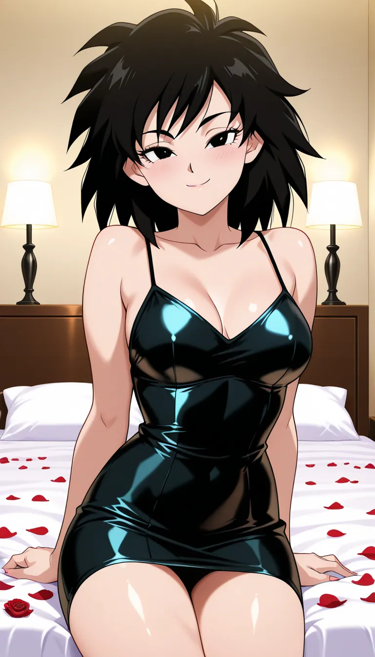 anime screencap, absurdres, high quality, official style, gine, official style, 1girl, solo, black hair, black eyes, eyebrows, eyelashes, collarbone, bare shoulders, smile, closed mouth, medium breast, closed mouth, smile, half eyes closed, sexy eyes, look...