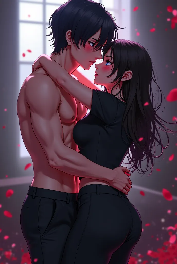 Create a anime hot girl with black t-shirt and black pants and boy fuck the girl so hard