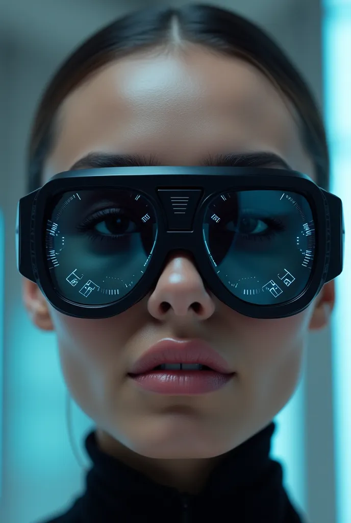 "Futuristic sunglasses with a sleek black frame and clear high-tech lenses. The design is bold and aerodynamic, featuring wide temples with subtle embossed details inspired by electronic circuits. The temples incorporate digital elements, such as glowing L...