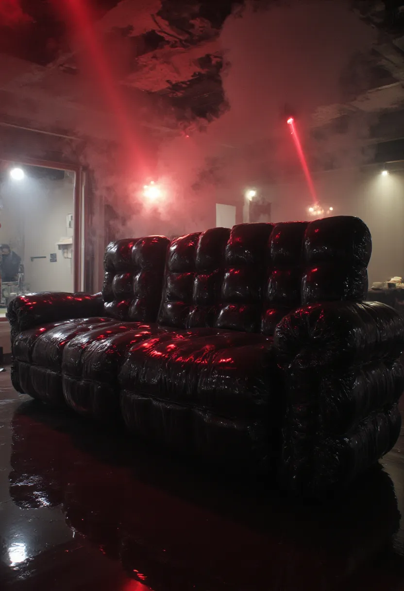 Full panoramic view of the body and scene from below, RAW amateur selfie photo, high resolution, huge inflated sofa made of shiny black rubber, the texture of the sofa is very shiny and wet detailed, inside a room illuminated from below with a black Neon p...