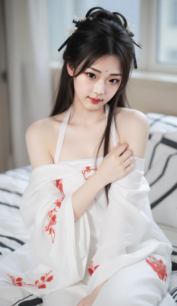 The image is a portrait of a woman wearing a traditional Chinese dress. She is sitting on a bed with a white and black striped blanket. The dress is white with red embroidery on the bodice and sleeves. The woman has long dark hair styled in a half-up, half...