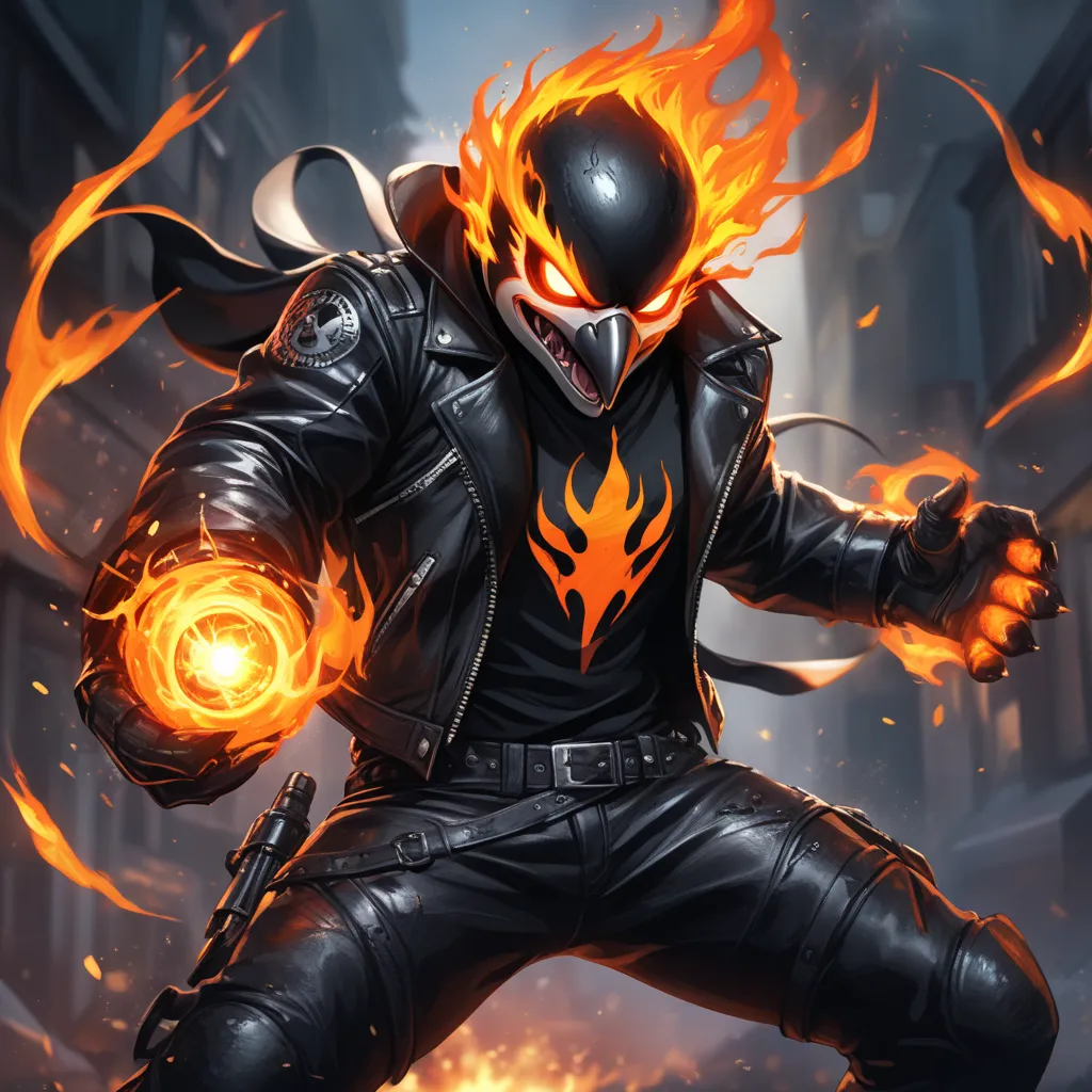 Closeup, flame magic，Red magic，an extremely badass anthropomorphic penguin completely possessed by Ghost Rider wearing an insanely cool black leather biker jacket open, black shirt, black leather biker gloves, black leather biker pants, fierce, intimidatin...