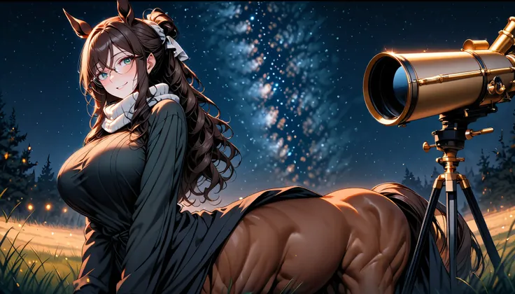 solo, female, centaur, close up, long wavy hair, brown hair, dark green eyes, centaur girl, very tall female, huge female, bulky body, brown horse ears, very large breasts, tied hair, modest clothes, night sky, wide smile, large brass telescope, telescope ...
