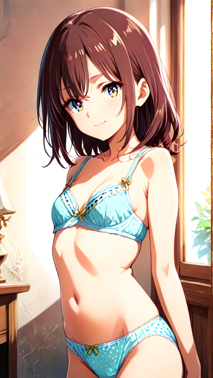 (Masterpiece with natural light),(High quality quality),(beautiful face with every detail),( Beautiful eyes made down to the smallest detail:1.5),(gentle smile),(anime style),(Polka dot bra),(polka dot panties with holes),( Gold Accents ),(gentle smile),(I...