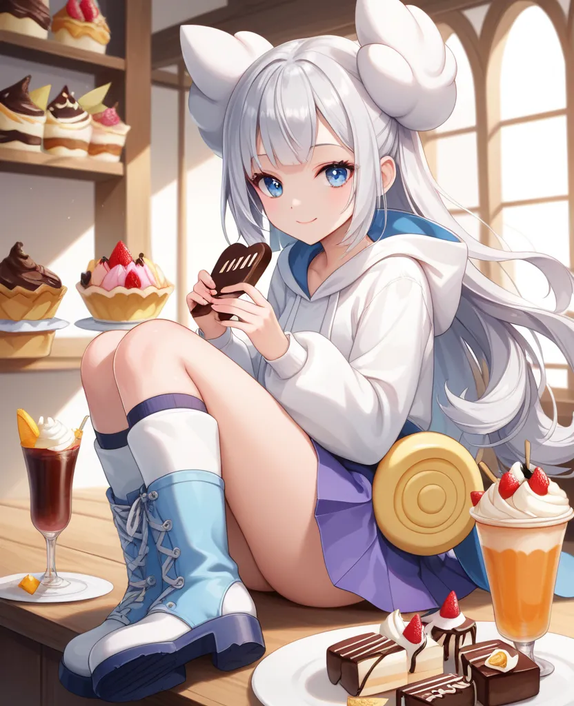 (masterpiece, best quality: 1.2), (absurdres, highres, ultra-detailed), (perfect anatomy), 
break,
1 girl,22yo, beautiful eyes00,silver hair, blue eyes, wearing (White fluffy hoodie,skirt,boots), zettai ryouiki, light smile,
(makeup: 1.1), (holding chocola...