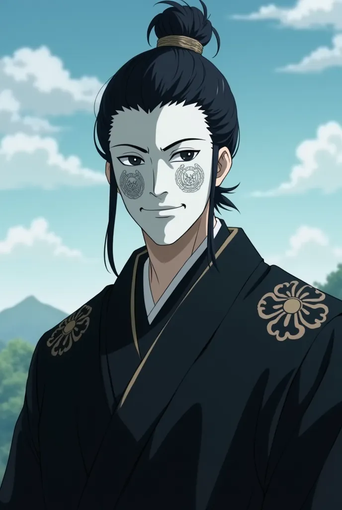 anime Demon slayer tall big man screenshot with black hair tied in a bun and All-white porcelain mask without eyes with carved patterns on the cheeks. Black clothes and haori with black and indigo Kikko Hanabishi pattern. landscape in the background. The m...