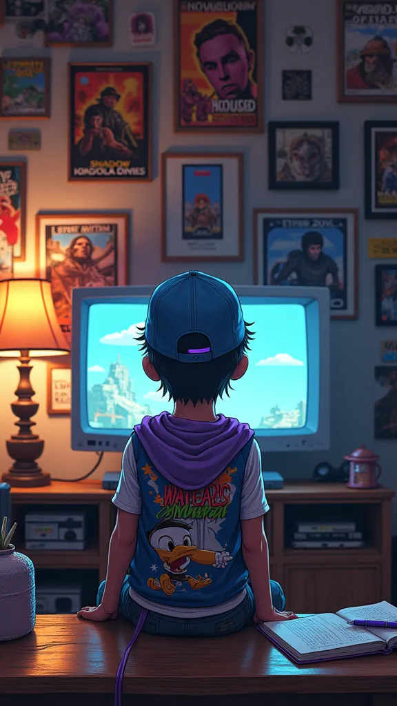 La imagen muestra una escena nostálgica que captura la cultura de los videojuegos and la música de una época pasada. in the center, haand un niño de espaldas, sitting in front of a television showing a 3D video game, where a character is riding a bicycle i...