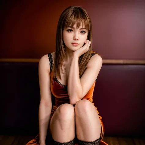 Kasumi, brown hair, brown eyes, (best quality, Ultra-detailed), (realistic:1.37), beautiful and detailed face, Ultra-realistic texture, Delicate face, Red lipstick, long-lasting colors. Thick, well-defined legs, high definition, 8k. expression with a sligh...