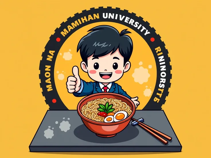 A cartoon illustration of a young boy, likely Asian,  in a school uniform,  with a friendly expression and thumbs-up gesture.  He is holding a bowl of ramen noodles.  The boy is depicted in a chibi (small, exaggerated) style. The mami bowl with noodles, eg...