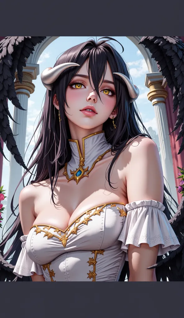 //Quality,
masterpiece, best quality, detailed
,//Character,
1girl, solo
,//Fashion,
,//Background,
,//Others,
,Albedo \(overlord\), 1girl, long hair, black hair, hair between eyes, golden eyes, slit pupils, white horns, curved horns, fallen angel,  white ...