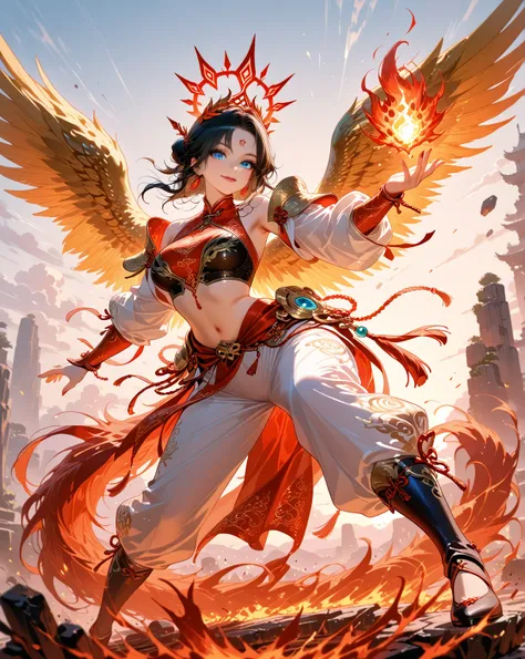 1 Warrior girl, she has Phoenix, breasts, black_hair, blue_eyes, red_lips, navel, chinese_clothes, earrings,chinese warrior, jewelry, hair_bun, smile, looking_at_viewer, queens of destruction, fantasy dark world, fire from Phoenix, fit and sensual body, sh...