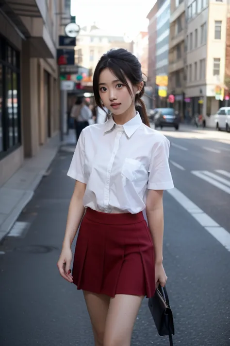 A girl with shirt and skirt