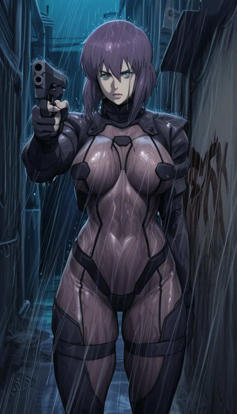 Gorgeous woman, motoko ( ghost in the shell), in dark alley, nude, standing, large breasts, large thighs, violet hair, holding gun, night, cyborg woman, solo, raining, wet, masterpiece big hips, , translucent bodysuit , blue eyes, pointing weapon allt view...